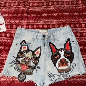 Gucci Women's Light Blue Jean Shorts with Cat Design